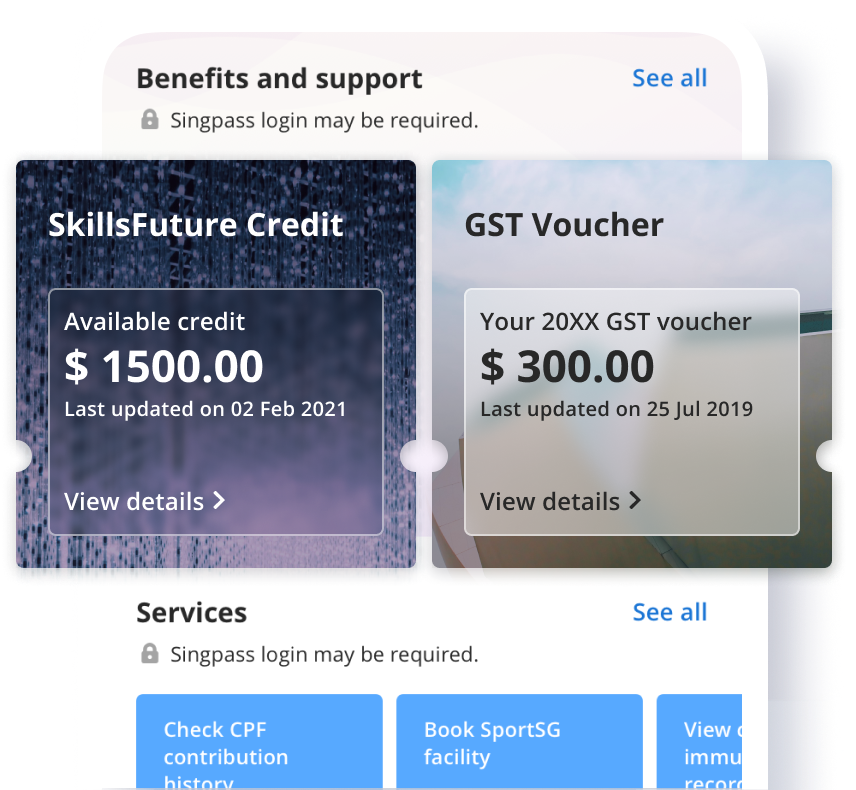 Benefits section of the home screen from the LifeSG app, showing the user’s available balance for SkillsFuture Credit and GST Voucher
