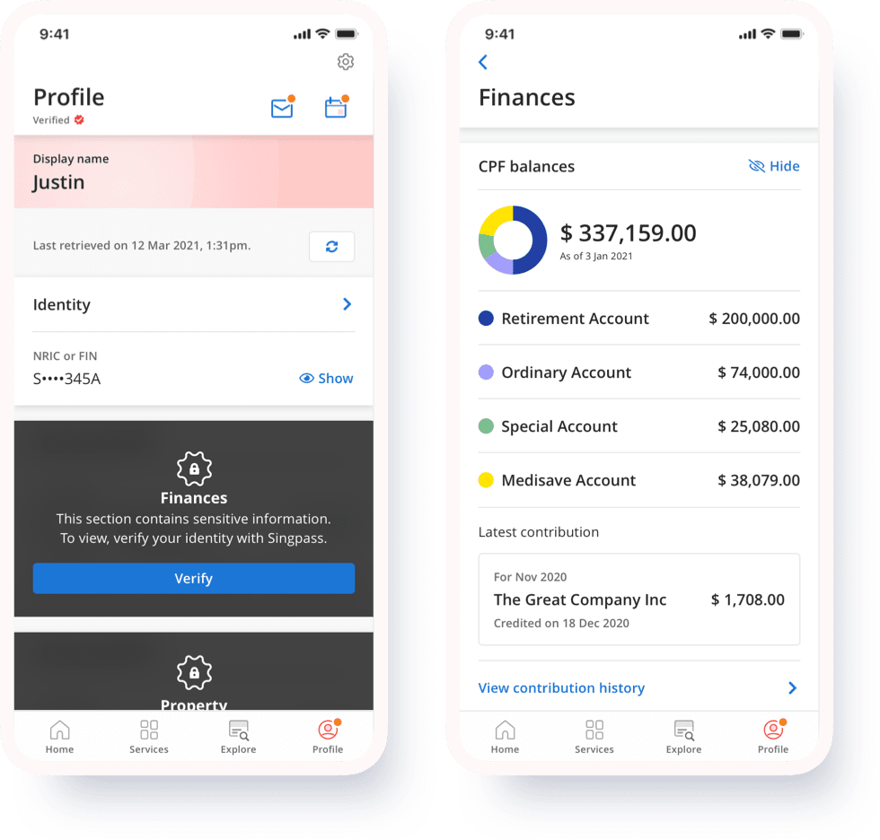 Screens from the LifeSG app: Profile and Finances. The Finances screen is part of the user’s profile and shows CPF balances