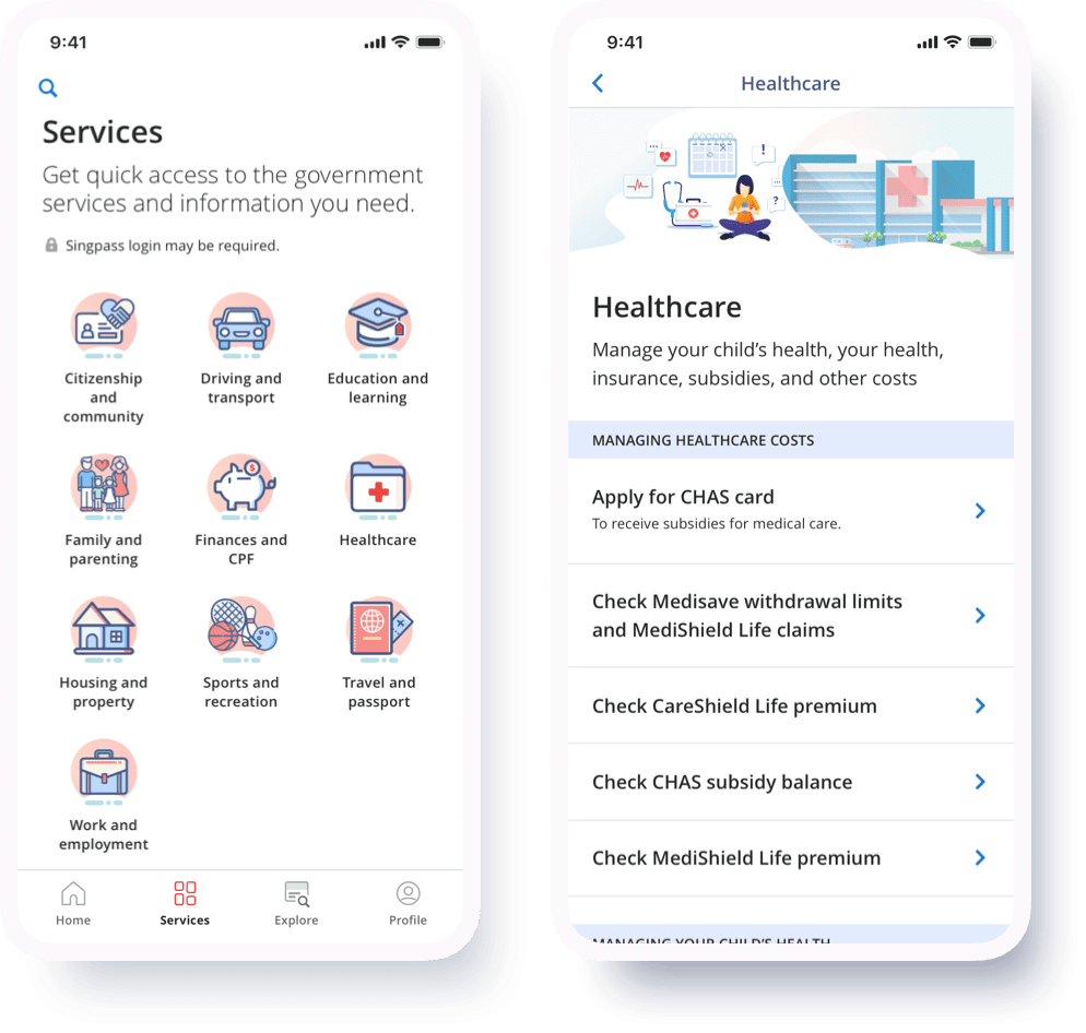 Screens from the LifeSG app: Services and Healthcare. The screens show the service categories and the services in the healthcare category