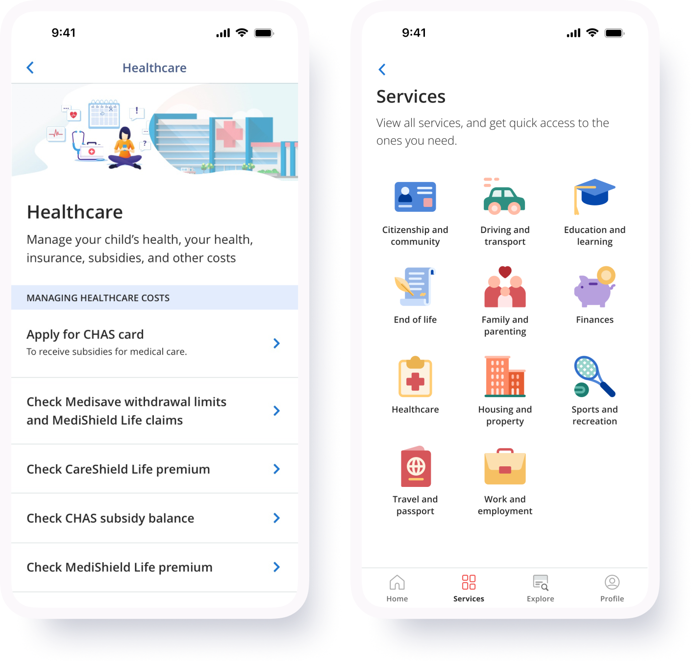 Screens from the LifeSG app: Services and Healthcare. The screens show the service categories and the services in the healthcare category