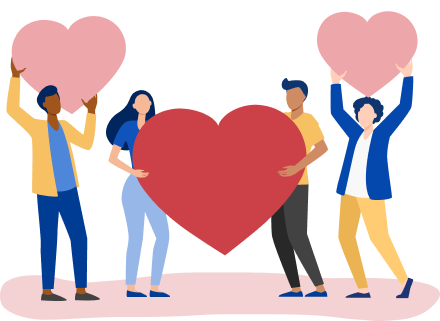 Illustration of people holding hearts, representing the Help Neighbour initiative on LifeSG.