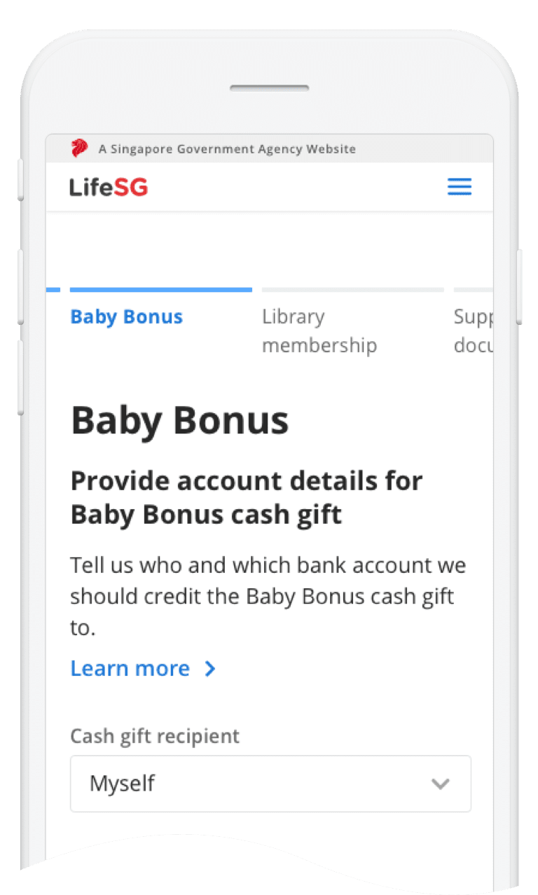 Screen showing the Baby Bonus application from the Register your child’s birth service on the LifeSG app