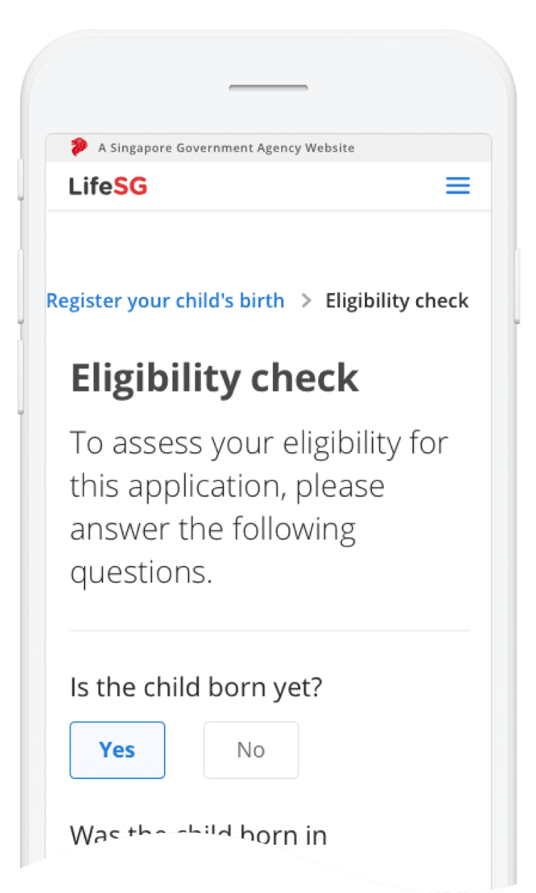 Screen showing the eligibility checker from the Register your child’s birth service on the LifeSG app