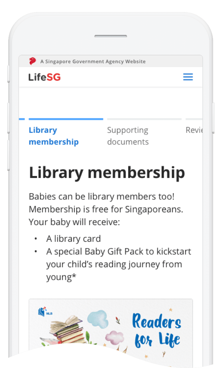 Screen showing the library membership application from the Register your child’s birth service on the LifeSG app