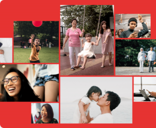 Collage of photos, including a young boy playing, smiling bespectacled lady, and a father holding his daughter up and kissing her