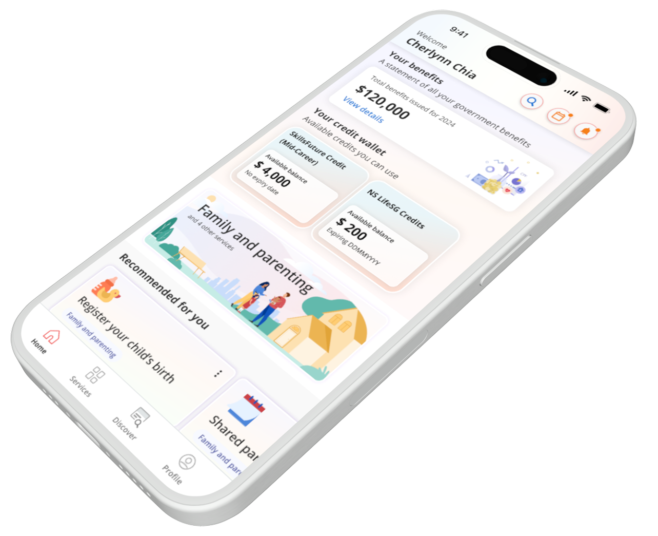 Screens from the LifeSG app: Home, Services, and Family Support Calculator